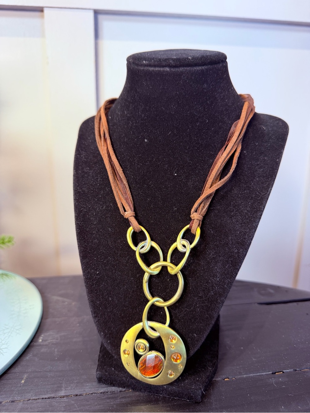 Brown Suede & Gold Statement Pendant Necklace with Amber Accent